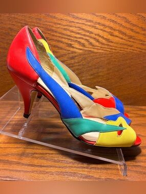Vintage 80s 90s Calico Colorblock Leather Peep Toe Heels Size 10